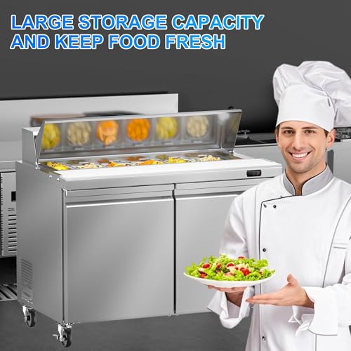 Image of Rockitch 48 inch W Commercial Sandwich Prep Table Refrigerator, 13.8 Cu.ft Stainless Steel Sandwich Prep Table with 12 Pans, 2 Doors Fan Cooling Salad Prep Station for Restaurant Food Prep, ETL Approved