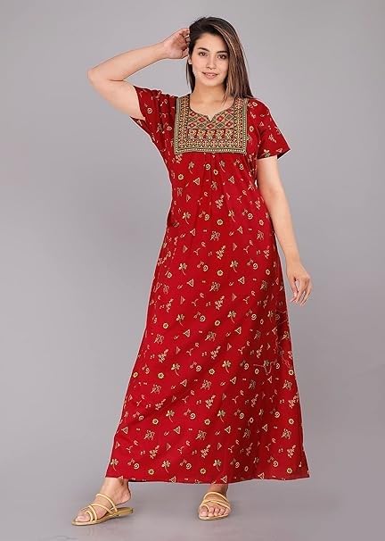 Image of Bresdk Women's Cotton Embroidered Jaipuri Nighty Gown - Pack of 2 Rajasthani Print Maxi Night Dress with Pocket - Soft & Comfortable Ladies Sleepwear & Loungewear