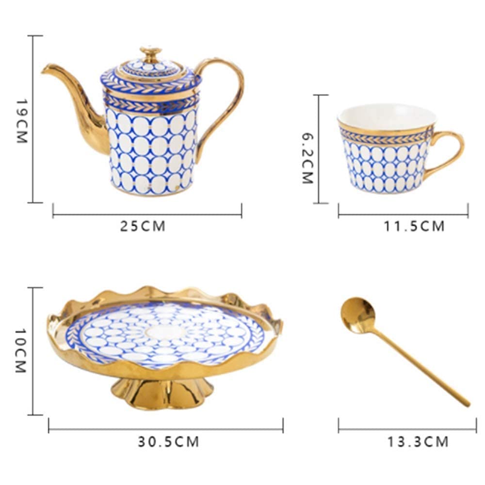 Juego de Tazas de té y café de cerámica con diseño Enrejado y Detalles Dorados. Incluye 6 Tazas de té con Bandeja giratoria (Juego de 14 Tazas Azules).