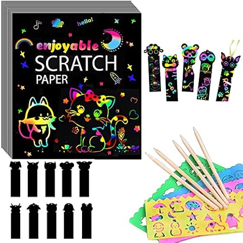 LauCentral Scratch Art Paper For Kids - Rainbow Magic Scratch of Paper,Doodle Pads with 4 Stencils and 10 Bookmarks for Party Favor Game Activities,Craft Kits ＆Birthday Present & painting supplies Cover