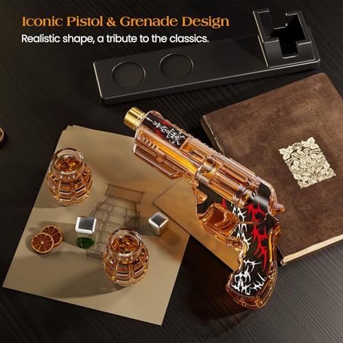 Image of Kollea Whiskey Decanter Set with Grenade-Shaped Shot Glasses, Anniversary Birthday Gifts for Men Who Have Everything, Whiskey Gifts for Father, Husband, Boyfriend & Military Enthusiasts, Red