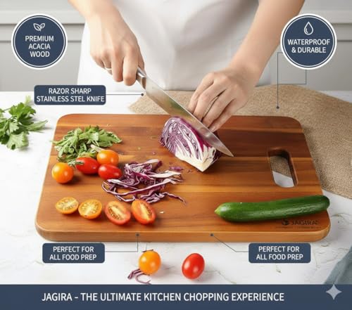 Image of JAGIRA Divine Touch Bamboo Wooden Chopping Board with Wood Handle, Multipurpose Cutting Board for Vegetables, Fruits & Cheese, Kitchen Use, BPA Free