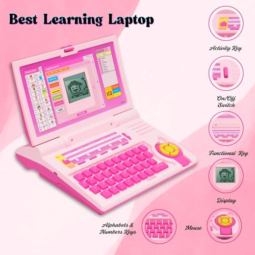 Image of Gooyo GY-1114 Plug & Play Educational Laptop Toy with 20 Learning & Playing Activities | Pink | Dual Power Supply | USB Cable (Included) & 3xAA Battery (Not Included) | Gift Box Packaging
