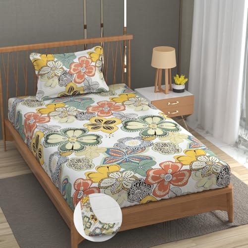 Image of Vram Premium Heavy Cotton Elastic Fitted Bedsheets with 1 King Size Pillow Covers || Single Bed with All Around Elastic 350 TC || 36 x 78 x 6 Inch Single Size Fitted || :- Cream Big Flower