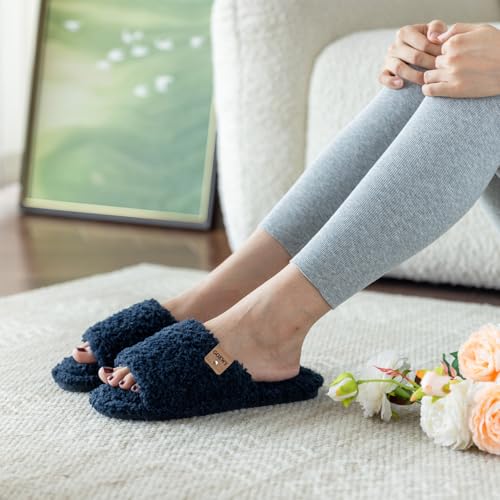 Image of GOEWY Fuzzy Open Toe Slippers for Women Indoor Cozy Memory Foam Slip On House Slides Shoes Gifts for Womens Her Mom