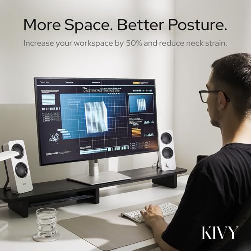 Image of KIVY Dual Monitor Riser with Integrated Metal Shelf - Wooden desk shelf for top of desk - Wood monitor stand for desk 2 monitors / tv - Dual monitor stand riser for desk - Large walnut monitor stand