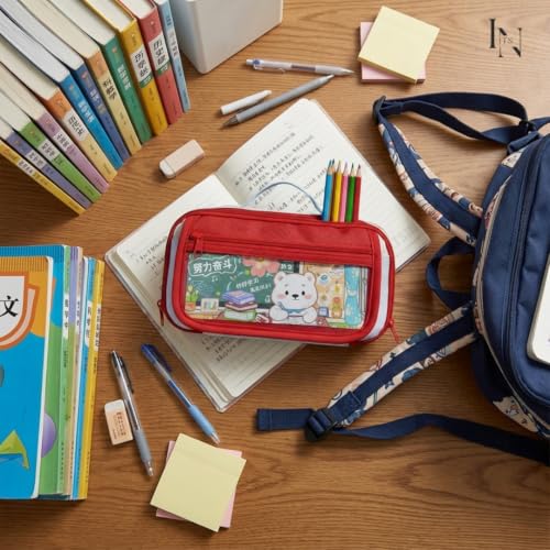 Image of Large Capacity Pencil Pouch Aesthetic Pencil Bag 3 Layer 6 Compartment with Zipper Kawaii Cartoon Stationery Organizer for School, College, Office & Travel (Red Multi Compartment Pouch)