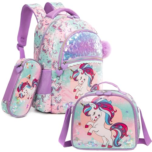 Egchescebo Sac à dos licorne pour filles - 43,2 cm - 3 pièces - Sac d'école de voyage - Valise pour enfants - Bagages pour enfants - Sacs à dos pour fille - Cadeaux d'anniversaire - Sac à déjeuner