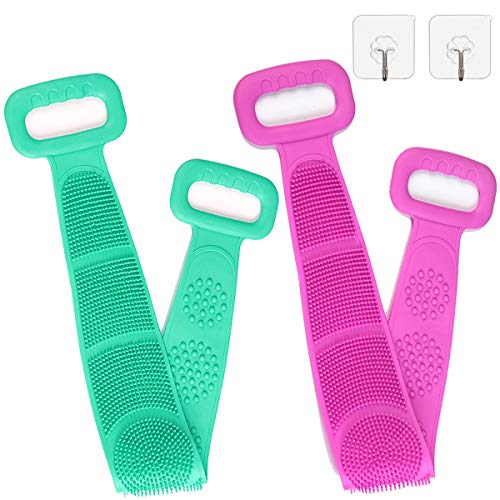Silicone Back Scrubber for shower, 2 Pack Back Scrubber for Shower Silicone Bath Body Brush 2020 New Easy to Clean Washer Exfoliating More Hygienic (31.5in/80cm, Greenpurple)