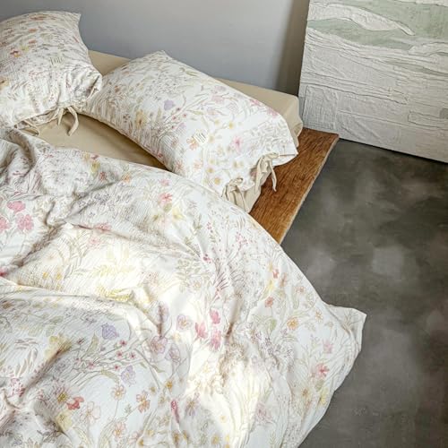 Image of VM VOUGEMARKET Fresh Floral Double Layer Gauze Full Duvet Cover Set, Soft Crinkled Cotton Muslin Bedding Set, Lightweight Breathable Botanical Print Comforter Cover for Cottagecore Bedroom