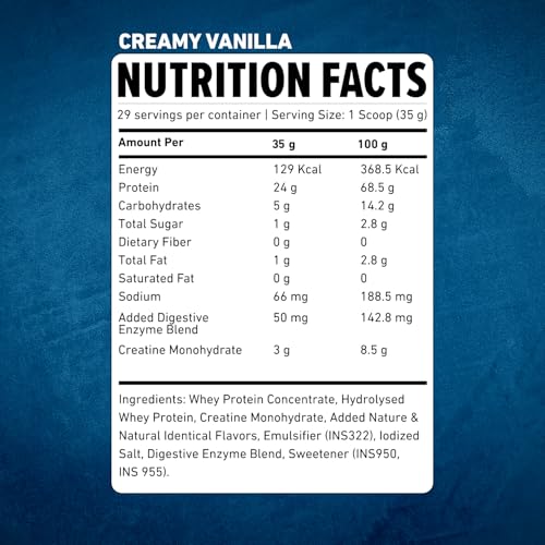 Image of Explosive Whey Nitro Series Whey Protein - Trusted by M.S. Dhoni | 24g Protein & 3g German Sourced Creatine for Strength, Endurance, & Lean Muscle - 29 Servings (29 Servings - 1Kg, Creamy Vanilla 24g Protein)