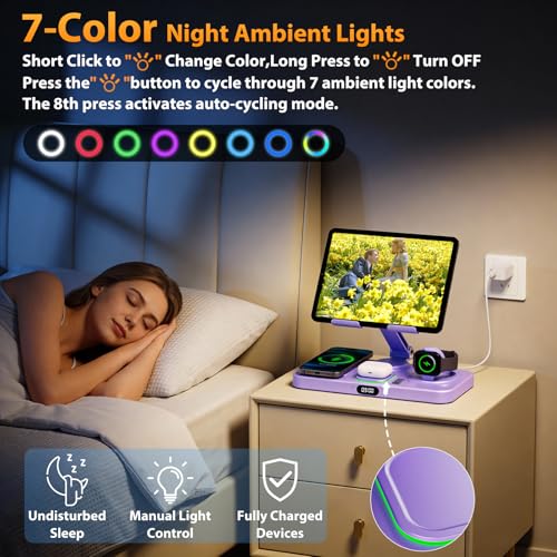 Image of 30W Charging Station for Apple Products, Foldable Wireless Charger with Clock Display&7 Color Light, Wired Charging for iPad /Tablet Charging Station for iPhone17, for Apple Watch11 for AirPods4(Purple