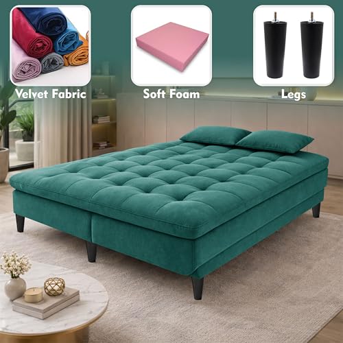 Image of Modern 3 Seater Sofa Cum Bed | Tufted Backrest | Velevt Fabric Upholstery | Living Room Furniture-Green