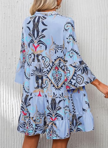 Image of Summer Dresses for Women 2026 Flowy Ruffle 3 /4 Sleeve V Neck Tiered Casual Babydoll Boho Beach Mini Dress