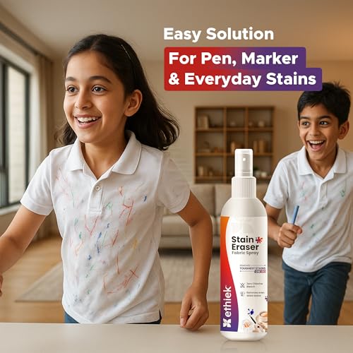 Image of Ethiek Fabric Stain Eraser Spray | Tough Stain Remover for Clothes | Removes Food, Oil, Ink & Coffee Stains | Colour-Safe Formula, 75 mlX2 (Pack of 2)