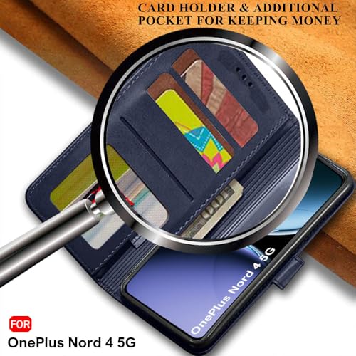 Image of TheGiftKart Genuine Leather Finish Flip Back Cover Case for OnePlus Nord 4 5G | Inbuilt Pockets & Stand | Wallet Style | Designer Button | Flip Cover Back Case for OnePlus Nord 4 (Faux Leather, Blue)
