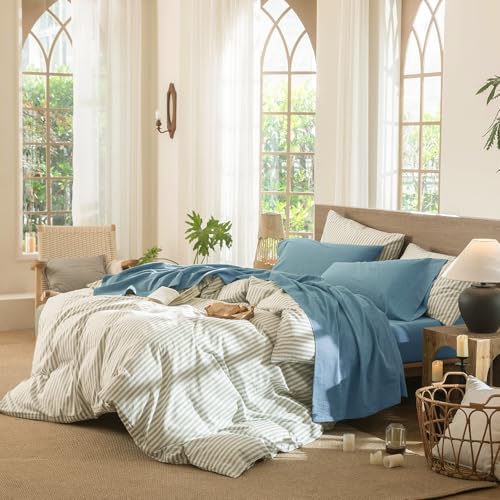 Image of MooMee Bedding Sheet Set 100% Washed Cotton Linen Like Textured Breathable Durable Soft Comfy (Heathered Peacock Blue, Queen)