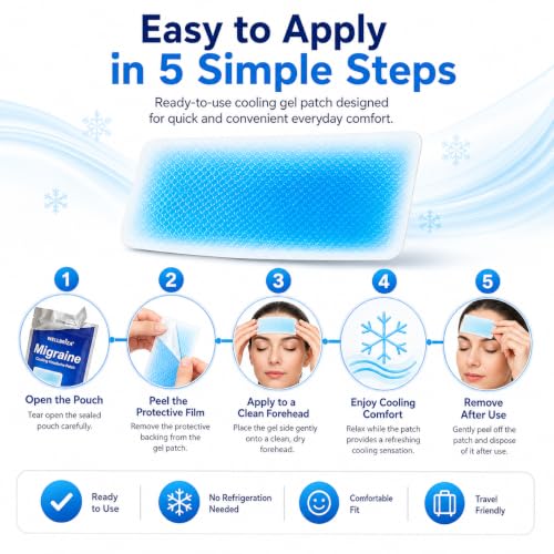 Image of Migraine Relief Cooling Gel Patch for Forehead, Reusable Cooling Comfort Patch, Soft Hydrogel Head Cooling Strip, Suitable for Head Relaxation, Portable Pack of 5