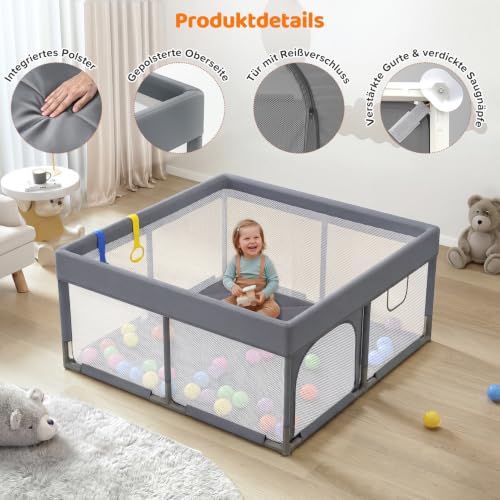 Dripex Laufstall Baby mit Matte, Laufgitter Baby 124×124cm, Hellgrau – Ansicht 3