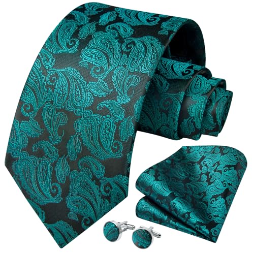 Image of HISDERN Ties for Men Paisley Floral Mens Ties and Pocket Square Cufflinks Set Classic Business Necktie Handkerchief
