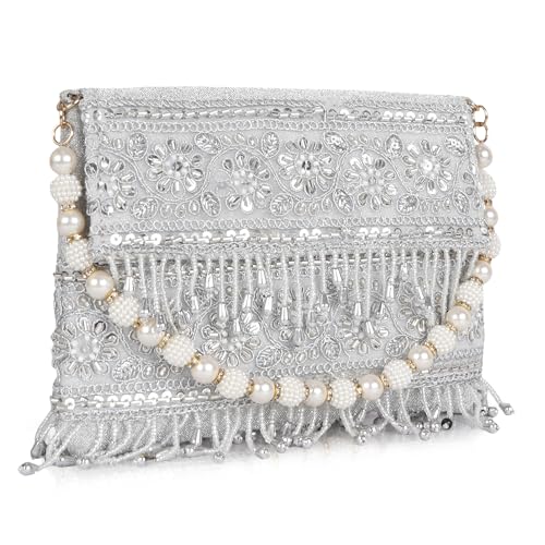 Image of Nevis PU Silk Fabric Women's Embellished bride Clutch with Pearl Handle | Fancy Designe & Wedding Potli Bag for Festive & Evening