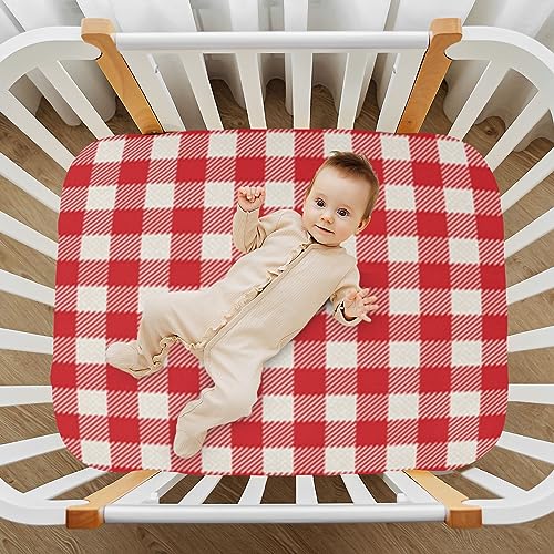 Image of White Red Tartan Plaid Pattern Boys Girls Bassinet Sheets Gingham Baby Cribs Sheets Play Sheets Playard Sheet Toddler Stretchy Bed Sheet for Baby Kids Halloween M