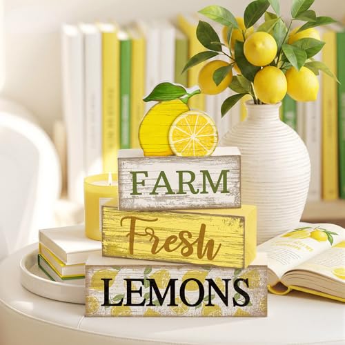Image of Moucuny 4 Pcs Summer Lemon Decor Summer Table Decorations Farm Fresh Lemons Wooden Stacked Block Decor Rustic Summertime Tiered Tray Decoration Fruits Centerpiece for Home Kitchen Dining Room Mantel