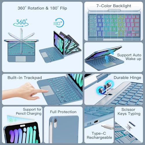 Image of RAYMCRAFT Keyboard Case for iPad mini 7 (A17 Pro, 2024) & Mini 6 (2021) 8.3-inch, 360 Rotatable, 7 Color Backlit, Multi-Touch Trackpad, Wireless Keyboard for iPad mini 7th /6th Generation, Light Blue