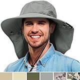 Mens Wide Brim Sun Hat with Neck Flap Fishing Safari Cap for Outdoor Hiking Camping Gardening Lawn Field Work, Grey