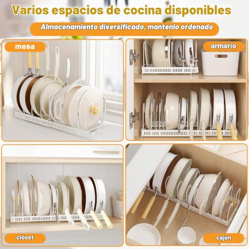 Miniatura 6 de Organizador Sartenes Expandible Con 10 Compartimentos Ajustables, Estante Soporte Sujeta Tapas Metal Cajones Cocina, Organizadores Separador Ollas Cajon Armarios Para Platos, Sartén Blanco