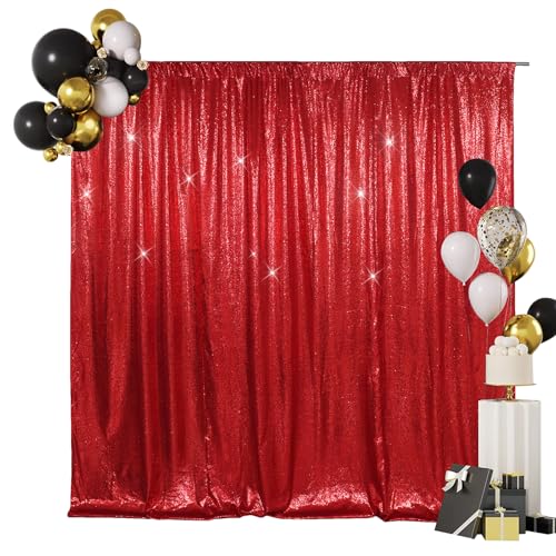 SquarePie 6x6ft Red Sequin Backdrop for Photography, Satin-Backed Real Sequin Curtain, Enhanced Coverage Shimmering Background with 4" Rod Pocket for Wedding, Birthday, Party Decor, 1 Panel — view 3