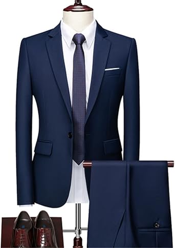 Men's Suit Blazers Pants Classic Business Gentleman Formal Groom Wedding Dress Plus Size Color Blue, Size XXL for 70-76 kg