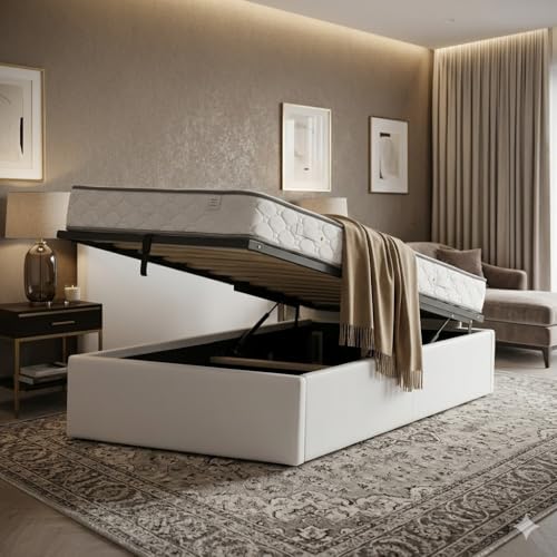King of Dreams Ensemble Lit Coffre et Matelas 90x200 cm - Couleur : Blanc - Sommier Relevable avec Vérins Hydrauliques - Matelas Soutien Très Ferme Haute...