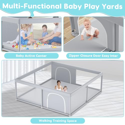 79" ×79" Extra Large Baby Playpen, Baby Playard for Babies and Toddlers, BabyFence Play Pens for Indoor & Outdoor, Sturdy Safety Play Yard with Soft Breathable Mesh, Anti-Fall, Grey