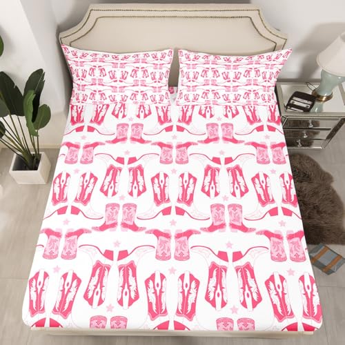 Loussiesd Juego de sábanas bajeras con diseño de botas vaqueras para niños y niñas, estilo vaquero retro, decoración de habitación, funda de cama con bolsillo profundo, sábana superior no incluida