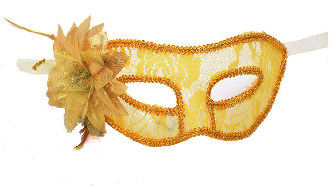 Men's Black Blue Gold Translucent Masquerade Half Face Mask with Side Feather Flower,Gold
