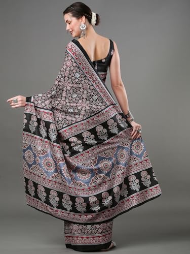 Image of SAREE MALL Women's Ajrak Block Print Dola Silk Saree With Unstitched Blouse Piece
