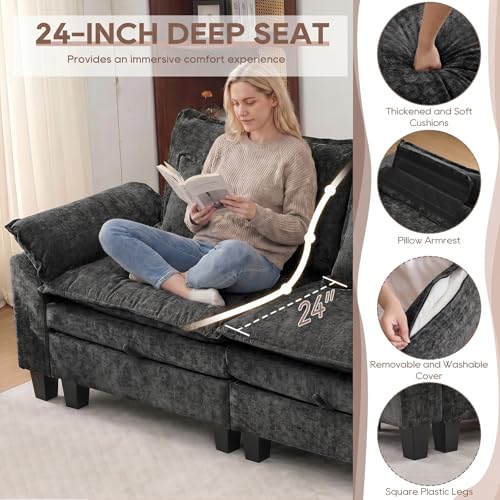Image of IPKIG 82.3 inch Modular Cloud Couch with Storage, U Shaped Sectional Sofa with Ottoman & Pillow, Chenille Deep Seat Sectional Couches for Living Room, Apartment, Black