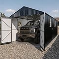 12x20 FT Enclosed Metal Carport, Heavy Duty Galvanized Steel Frame Car Port with Lockable Doors and Windows, All-Weather Garage Shelter for SUV, Boats and Trucks, Black