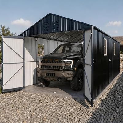12x20 FT Enclosed Metal Carport, Heavy Duty Galvanized Steel Frame Car Port with Lockable Doors and Windows, All-Weather Garage Shelter for SUV, Boats and Trucks, Black