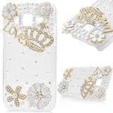 Core Prime Case,Galaxy G360 Case - Mavis's Diary 3D Handmade Bling Crystal Golden Crown Lovely Flowers with Shiny Sparkle Diamond Pearls Clear Slim Hard Cover for Samsung Galaxy Core Prime SM-G360