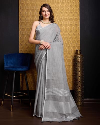 Image of SWORNOF Women's Linen Cotton Silk Saree with Unstitched Blouse Piece | Saree for Women | Saree with Blouse Piece | Soft and Skin Friendly