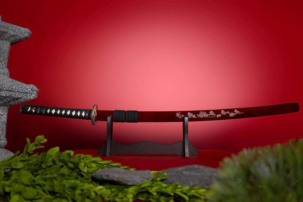 Lange Machete Katana Rot Schwert Scharf Echt Zum Training Metall Stahl 1045 Handgravierte Scheide Samurai 100% Handarbeit nur für Erwachsene - 18 Jahre erforderlich DS034