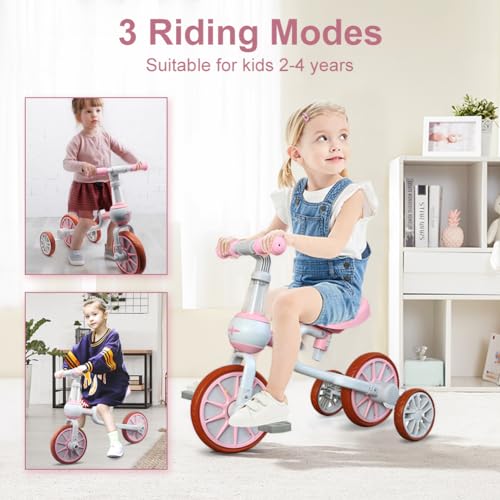 XIAPIA 3 in 1 Toddler Bike for 2-4 Year Old Girl, Kids Tricycle with Adjustable Seat, Detachable Pedal and Training Wheels, Baby Balance Bike Trikes Riding Toys, Kids Chirstmas Birthday Gifts Pink
