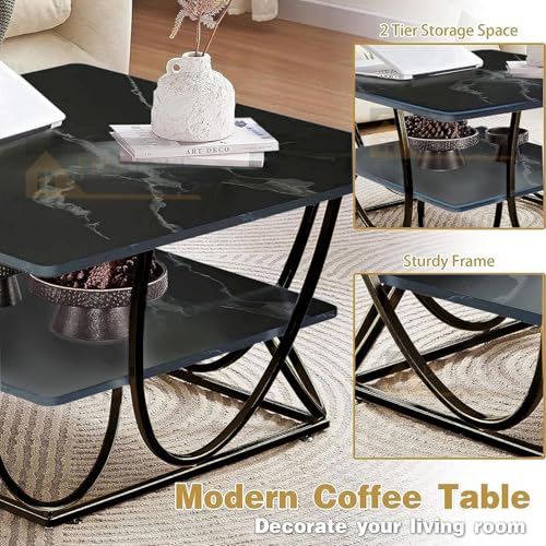 Image of EDEUEQUE Modern Center Table Coffee Table Sofa Side Table for Living Room Cocktail Table End Table with Storage Wooden Tabletop-Marble Print with Metal Frame (Full Black)