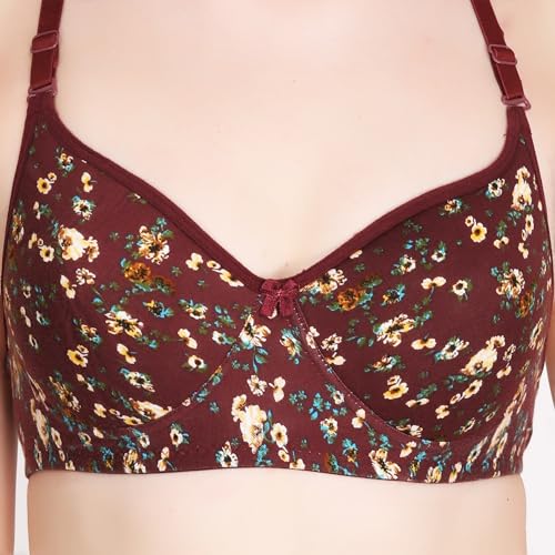 Image of Women Padded Printed Bra - Made of Pure Cotton Full Coverage Non Wired Seamless Pushup Soft Cup for T-Shirt Saree Dress Sports Garment for Daily Use Everyday Black