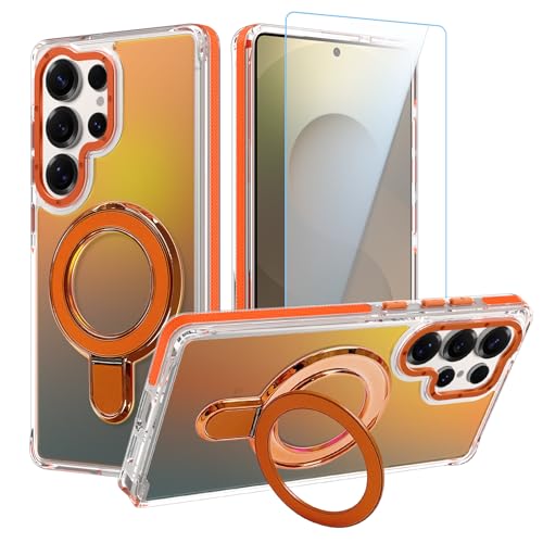 Image of Magnetic for Samsung Galaxy S25 Ultra Case with Stand [Compatible with Magsafe] [Cute Fluorescent Design] [1 Screen Protector] Slim Translucent Matte Case for Galaxy S25 Ultra 6.9 inch, Orange