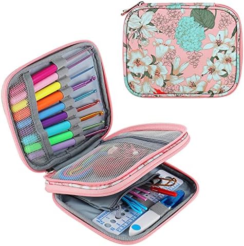 Aeelike Crochet Case Empty, Crochet Hook Case Organiser Empty, Double-Layer Zip Case for Crochet Hooks, Crochet Hook Holders, Portable Travel Pink Crochet Hook Storage Case Crochet Needle Case
