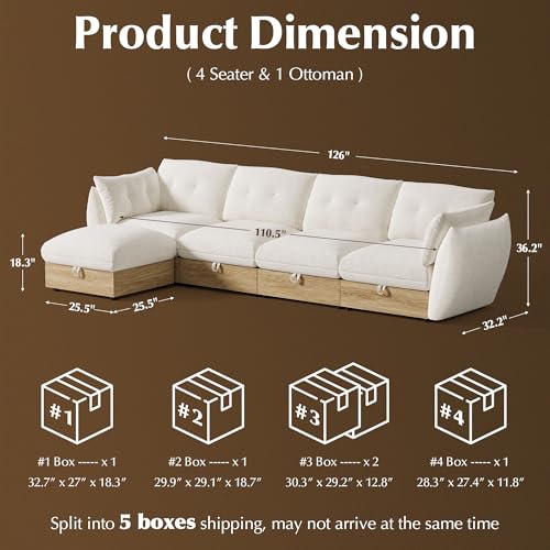 Image of 134 inch L Shaped Cloud Couch Sectional Modular Sofa with Storage, Modular Deep Seat Couch Oversized Sofa with Ottoman, Armrest Pillow, Easy Assembly for Living Room, Apartment, Office, Ivory