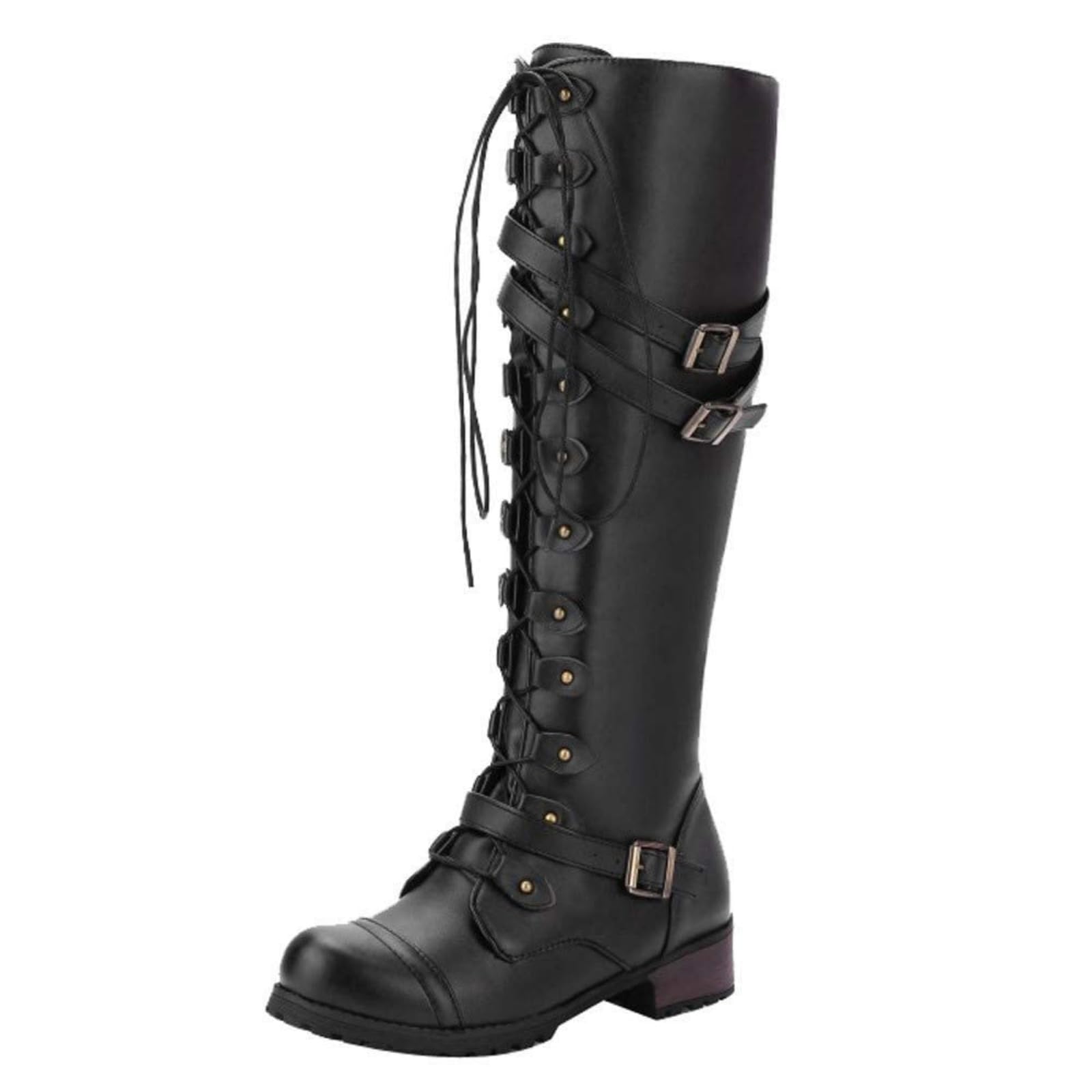 Women Knee High Boots Vintage Lace Up Low Heels Buckle Booties Fall Winter Motorcycle Boot Halloween Cosplay Shoes
